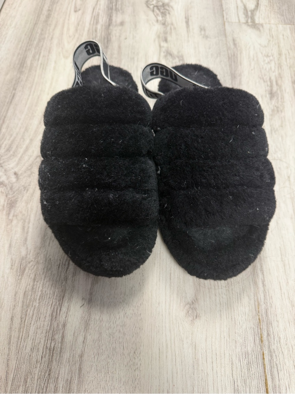 Ugg Black Plush Slide Slippers with Branded Heel Strap